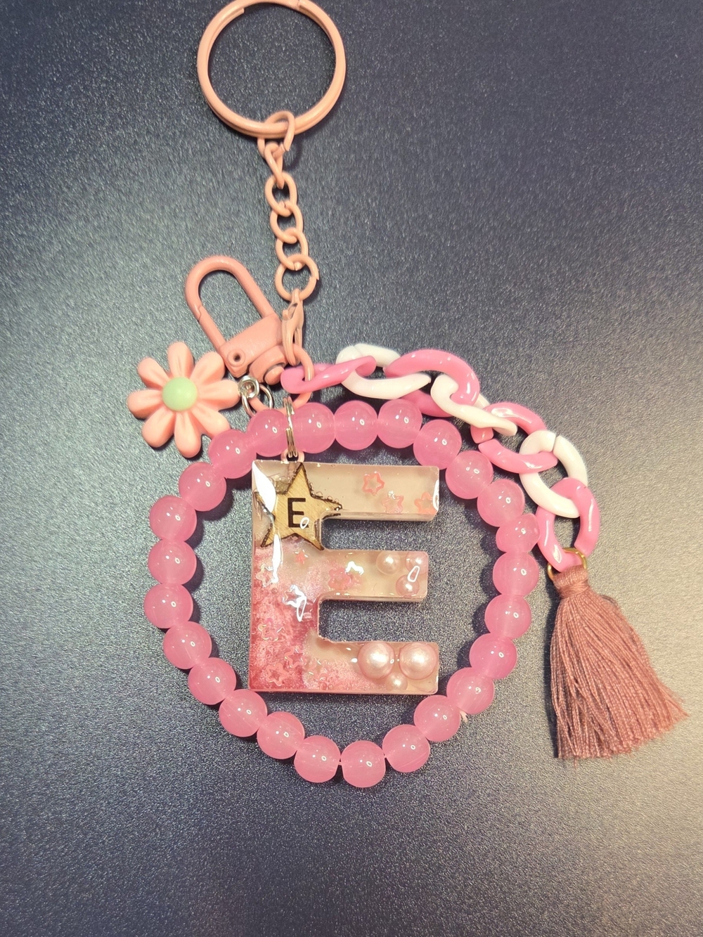 Pink Letter E Keychain & Bag Charm with Beaded Glass Bracelet